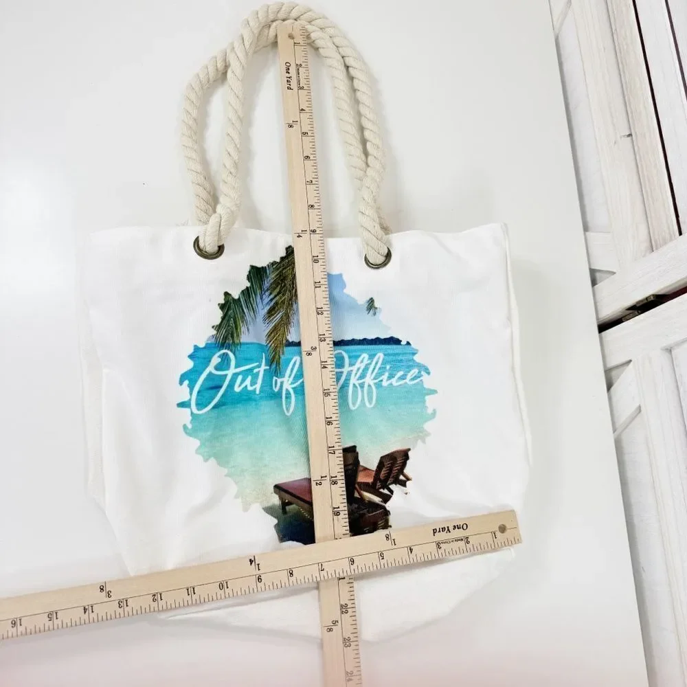 Tropical Out Of Office Beach Scene Canvas Tote Bag‎ White Rope Straps